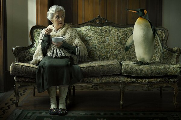 Granny is sitting on the sofa with a penguin