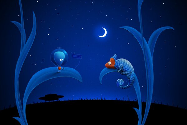 An alien with a chameleon on the moon