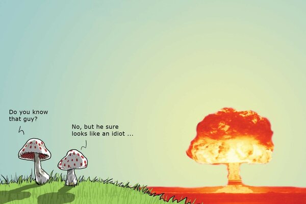 Two mushrooms discuss an atomic explosion