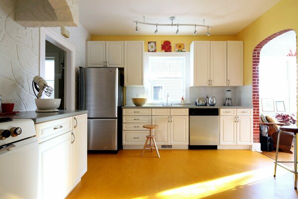 Kitchen design with yellow walls