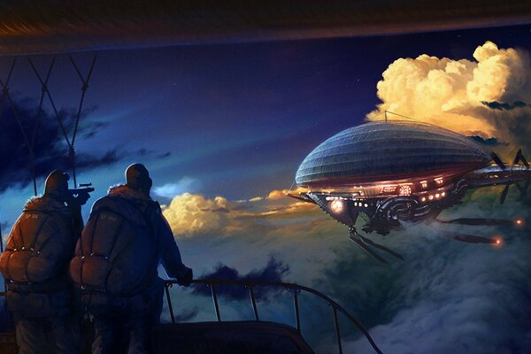 Drawing with an airship in the clouds and people watching it