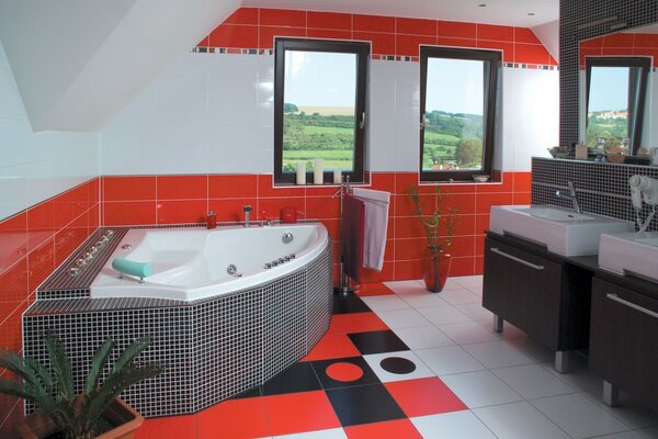 Bathroom with red and black tiles