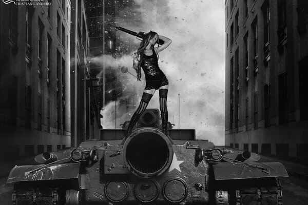 A girl on a tank with a gun in her hands