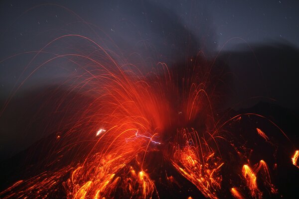 A volcano spewing lava and lightning