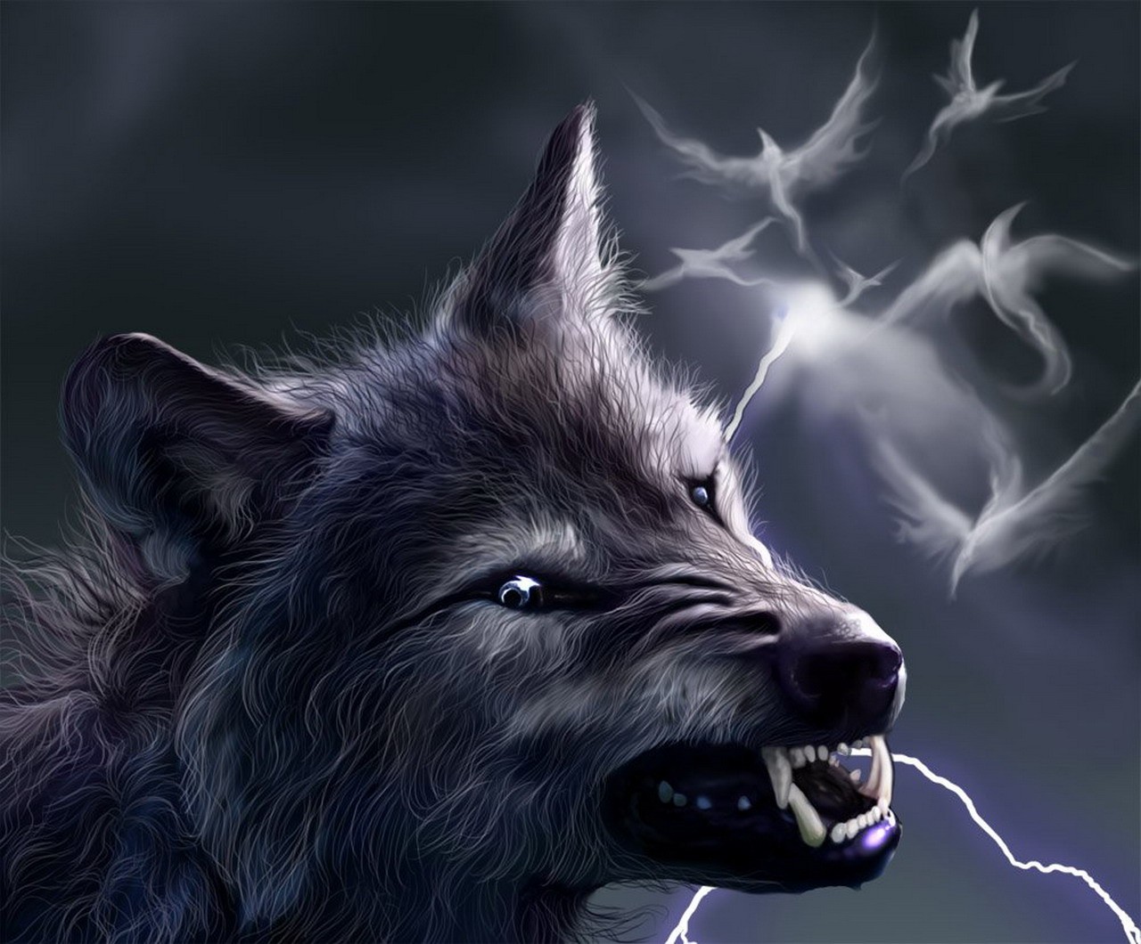 fantasy wolf grin lightning birds werewolf