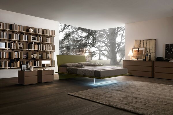 Chambre à coucher. étagères sur le mur. intérieur