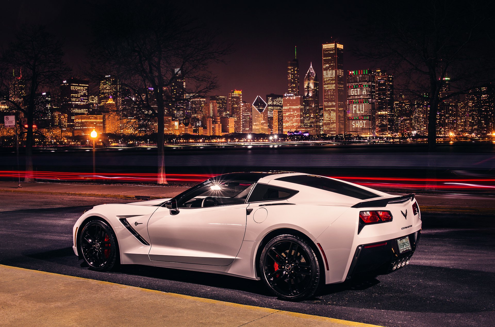 chevrolet corvette stingray coupe c7 noc ekspozycja światło droga miasto chicago usa