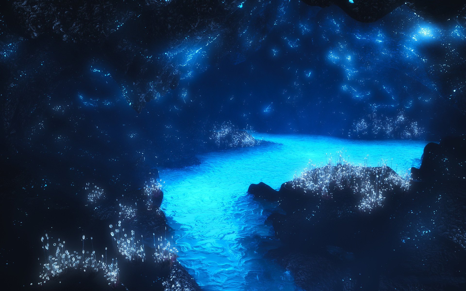 tarlight grotto kwiaty neon blue river digital