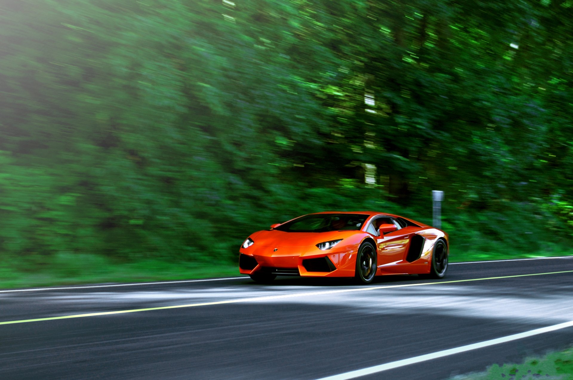 lamborghini aventador lp700-4 orange lamborghini aventador road speed trees blur