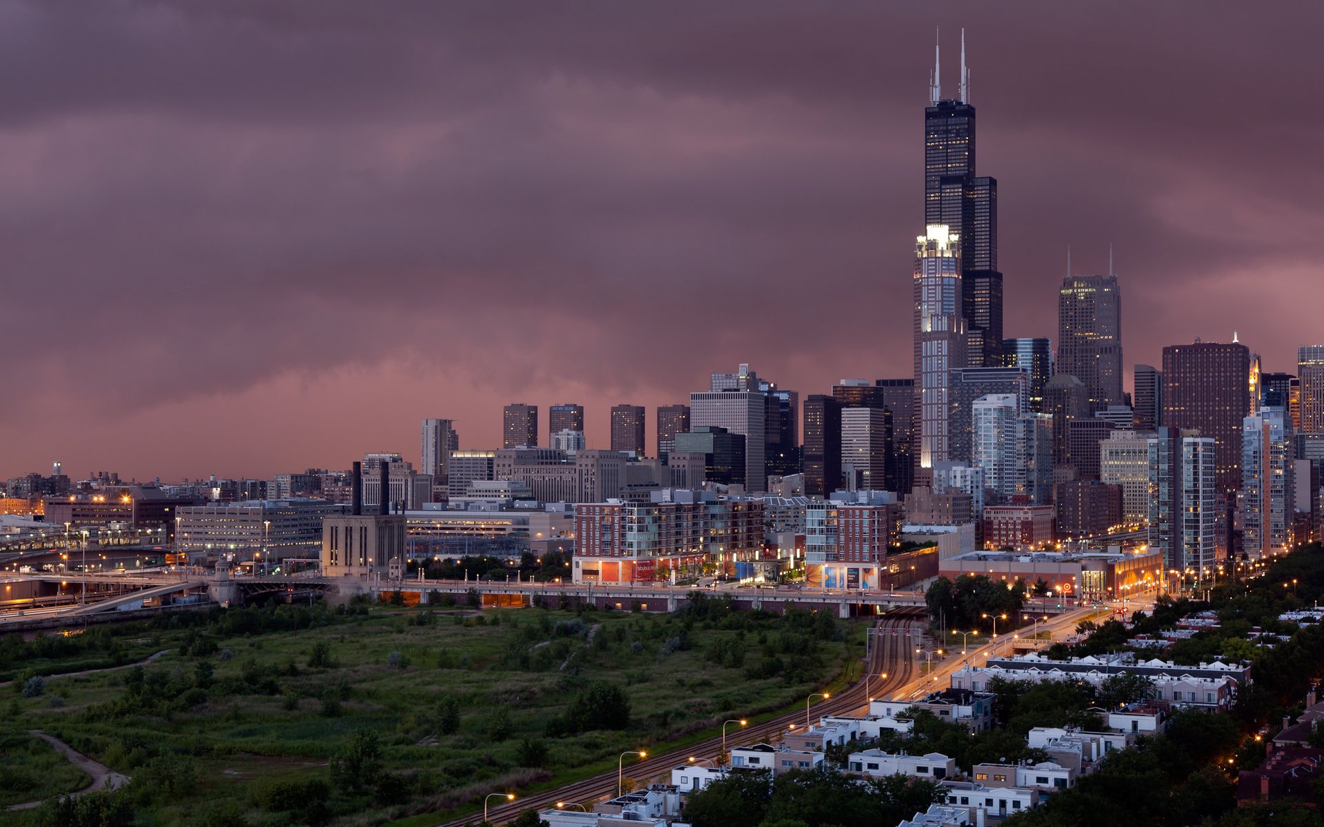 the city storm building the sky light road home clouds chicago