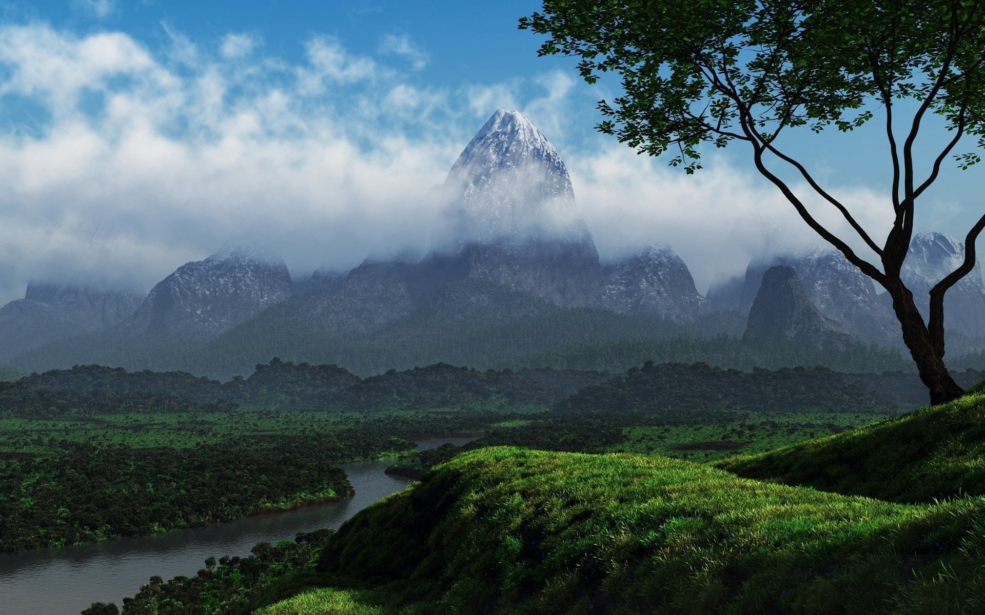 nature greens clouds hills river trees mountain smoke