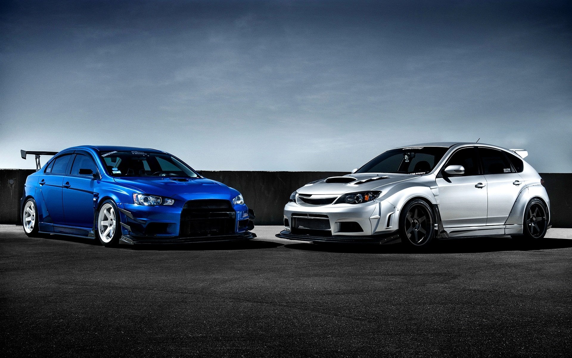 mitsubishi evolution x niebieski subaru impreza sti srebrny przedni bolid body kit