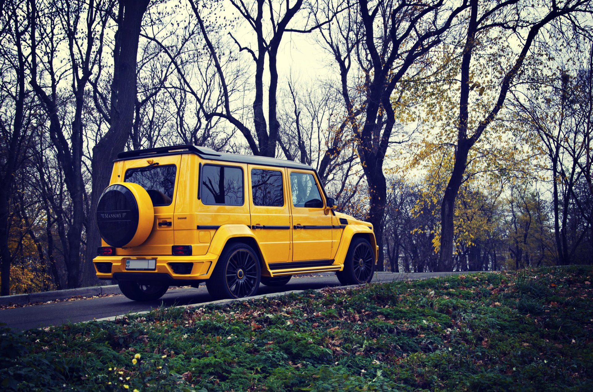 mercedes benz g63 mansory gronos żółty suv jesień mercedes