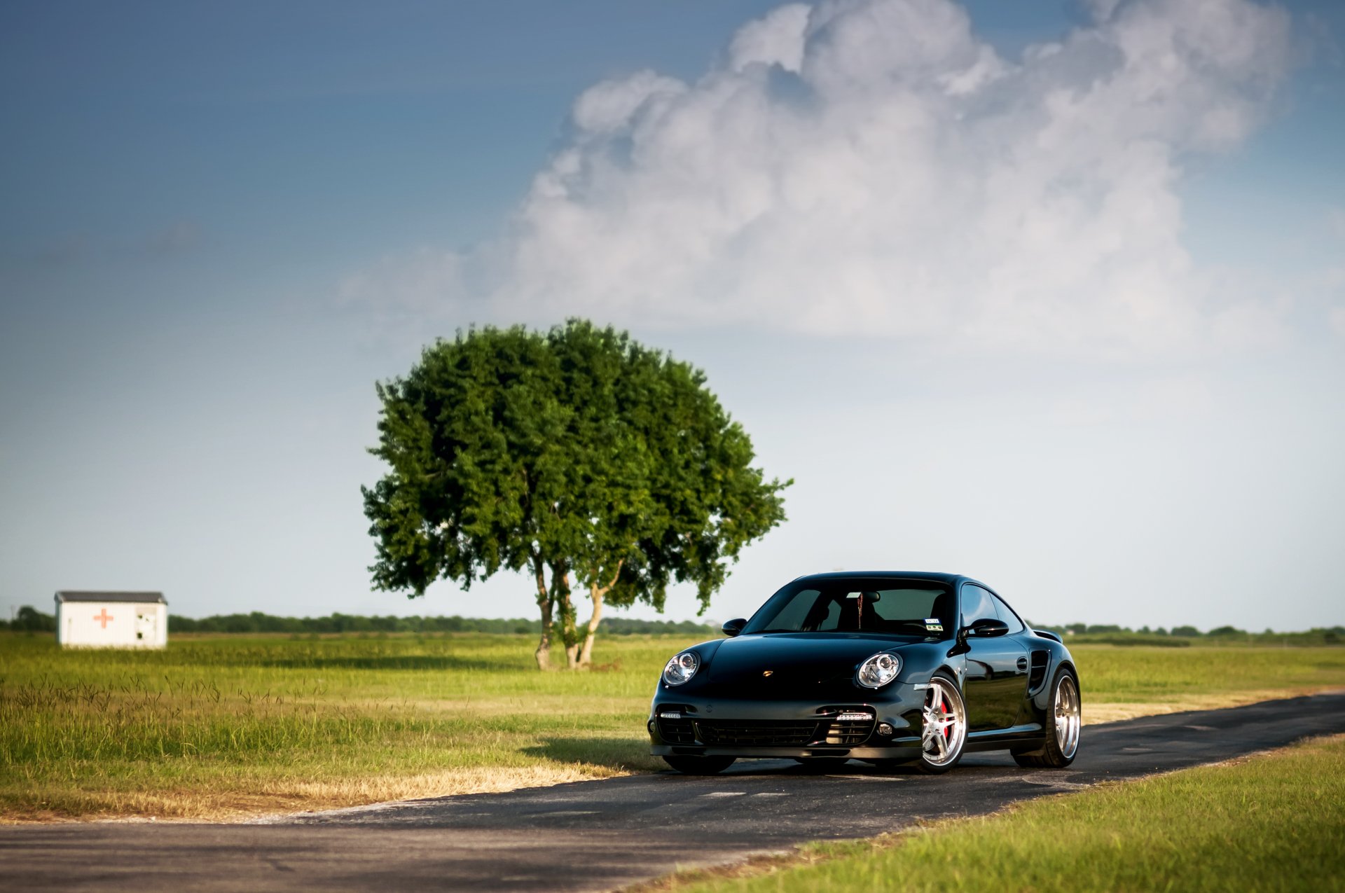 porsche 911 турбо черный передние порше дерево небо