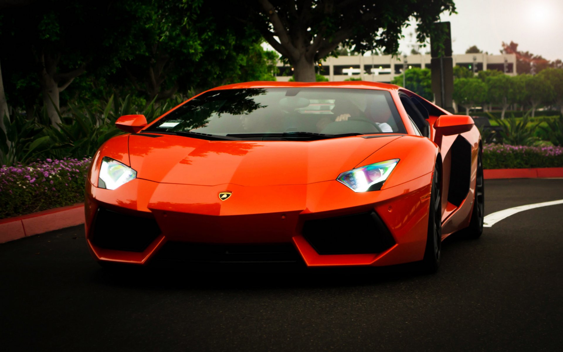 lamborghini aventador lp700-4 naranja lamborghini aventador frente luz de faro árboles reflexión