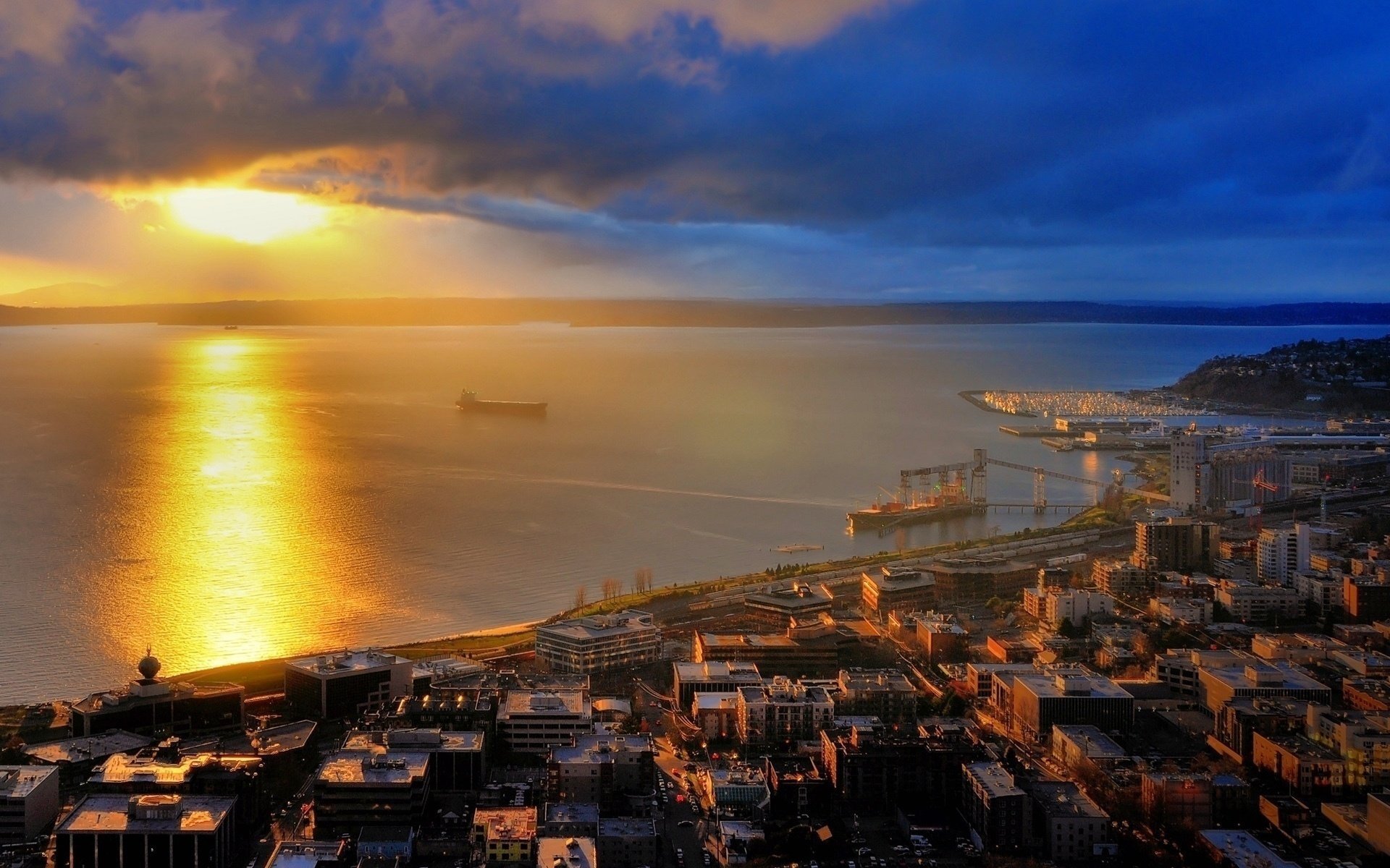 ville mer baie coucher de soleil ciel soleil