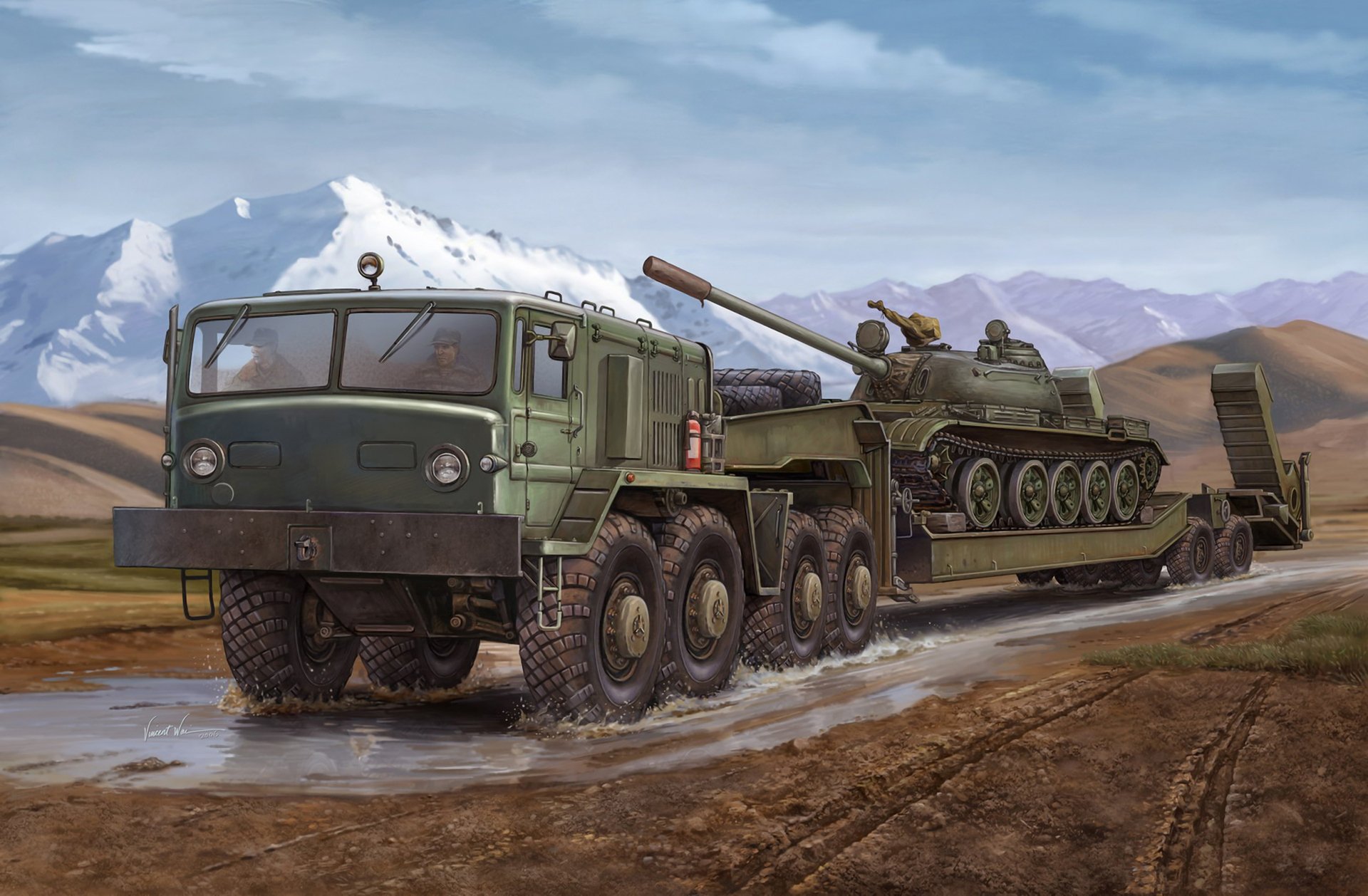 art transporter trattore maz-537 militare a quattro assi sedile montato su auto cilindro motore diesel d-12a-525a progettato per il trasporto di merci con serbatoio rimorchio t-55 russia artista vincent wai