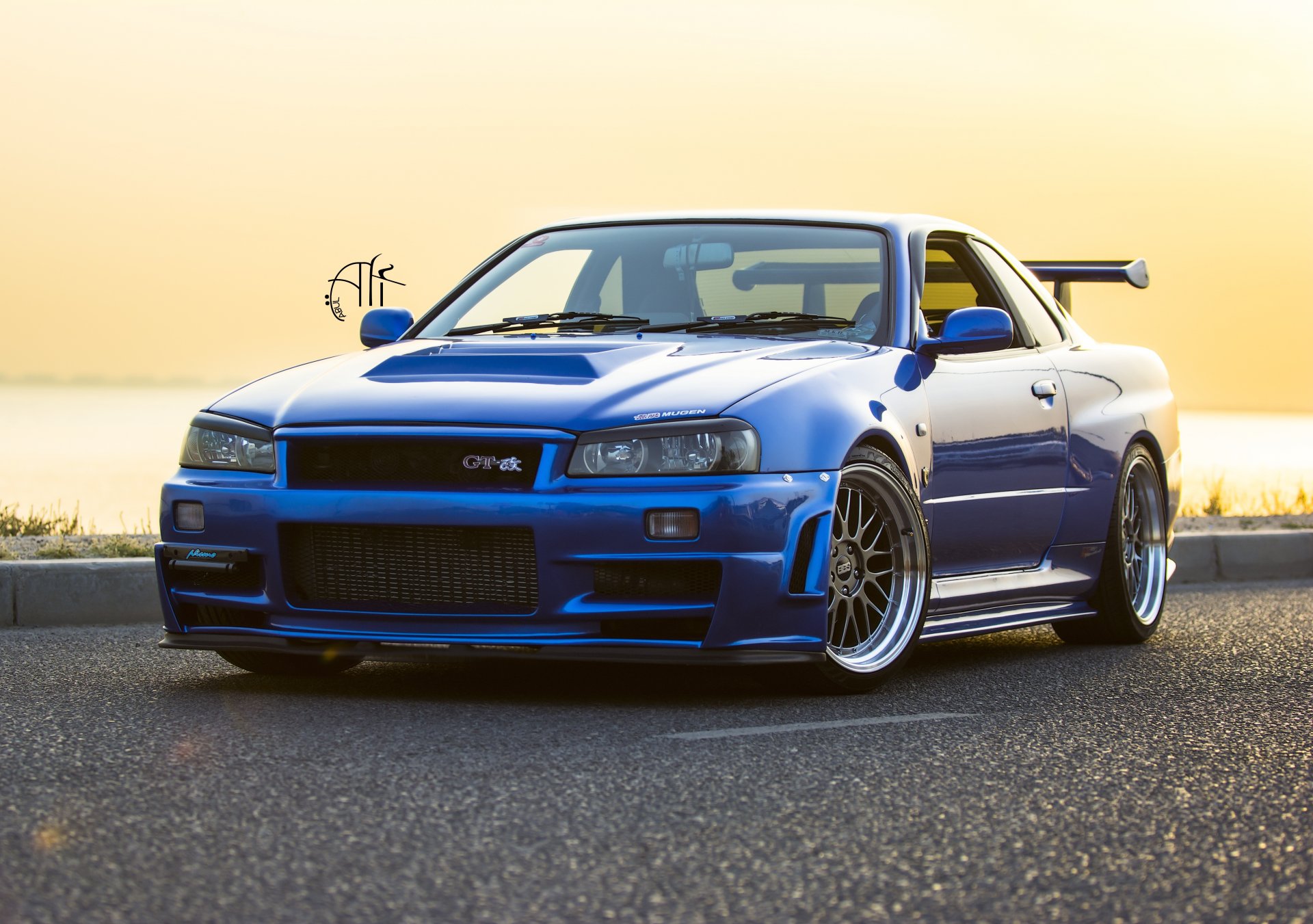 nissan nissan orizzonte sky gtr r34 v spec 2 v spec blu auto nismo nürburgring mugen bbs fari paraurti tramonto strada