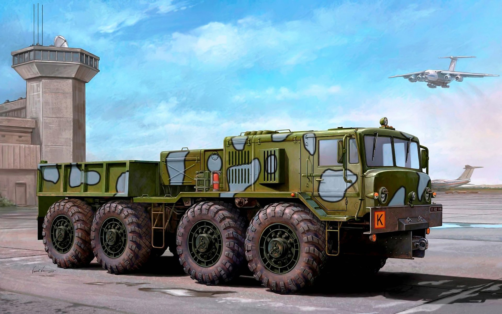 art transporter four-axle ballast tractor kzkt 537L designed for towing aircraft weighing 200t. engine yamz 240nm-1b 500 hp airfield in sky il-76 ussr artist vincent vai