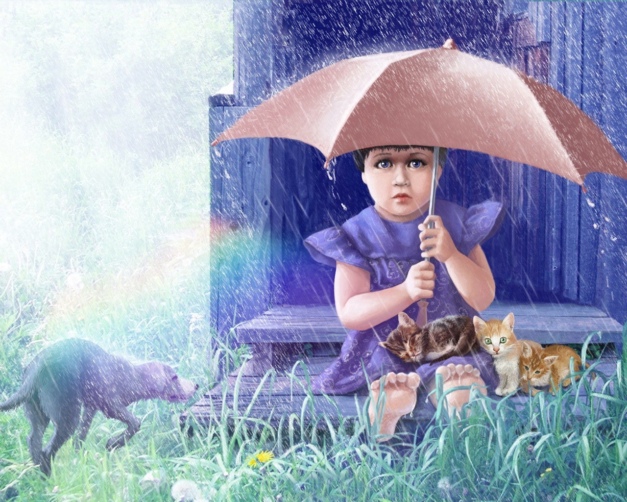 rain umbrella girl animals horses dog grass picture