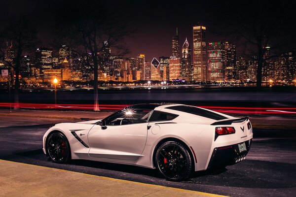 Chevrolet drives along the night city of Chicago