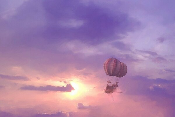 An image of an airship against a bright pink sky with clouds