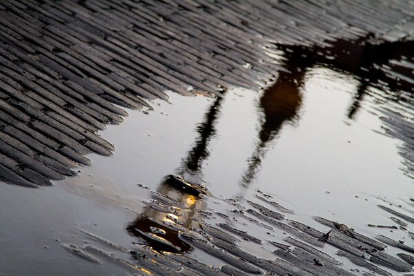 Reflejo de la linterna en un charco después de la lluvia