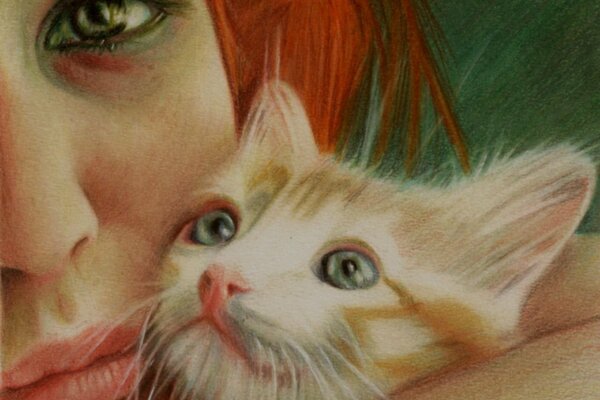 Portrait d un chat et d une fille