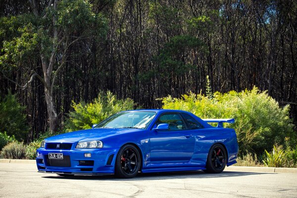 Nissan bleu tuning sur fond d arbres verts