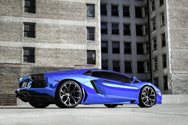 Lamborghini bleu sur fond de bâtiment