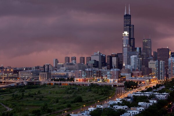 Chicago. Piękne zdjęcie miasta o zachodzie słońca