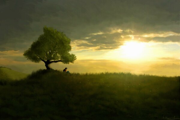 Homme solitaire au coucher du soleil sous un arbre