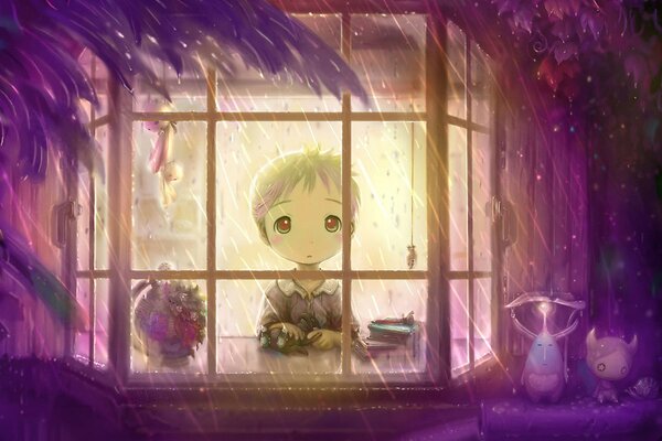 Anime drawing, a boy looks out of the window at the rain