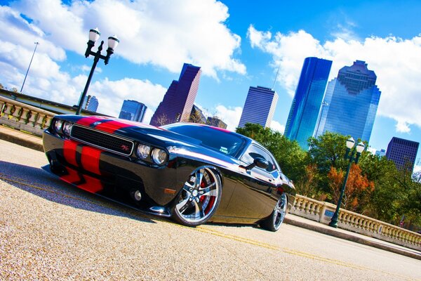 Dodge Challenger na tle budynków metropolii