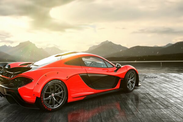 Bright orange mclaren p1 at sunset