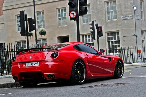 Sporty red Ferrari in the city