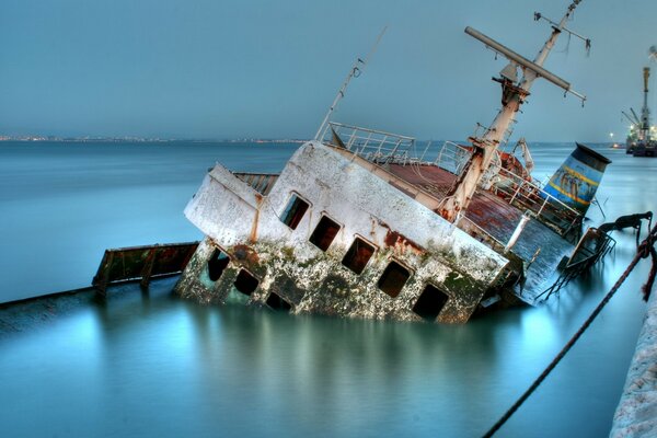 A sunken ship in the lake