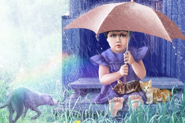 A girl in a purple dress under an umbrella with kittens