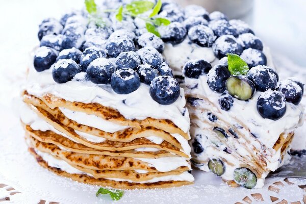 Pancake cake with blueberry cream