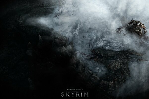 Cornice disegnata a mano con un drago da Skyrim in montagna