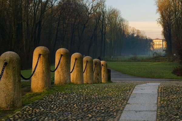 Beautiful alley in the park at sunset