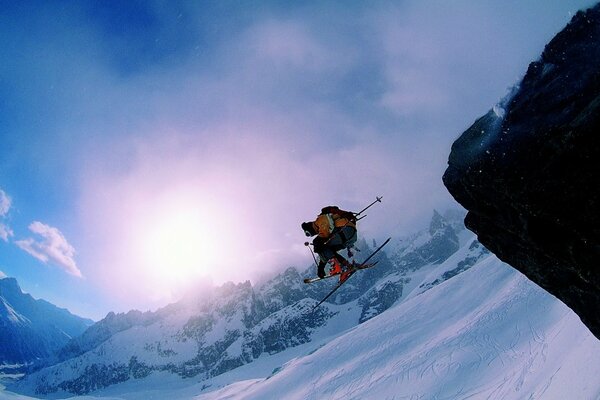 Beautiful flight of a skier on the descent