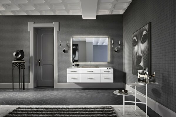 Diseño de baño en gris, blanco y negro