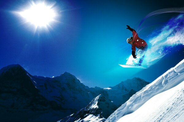 Snowboarder jumping on a mountain slope