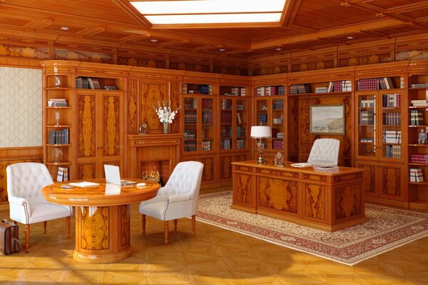 Wood in the interior. Bookcases. White chairs