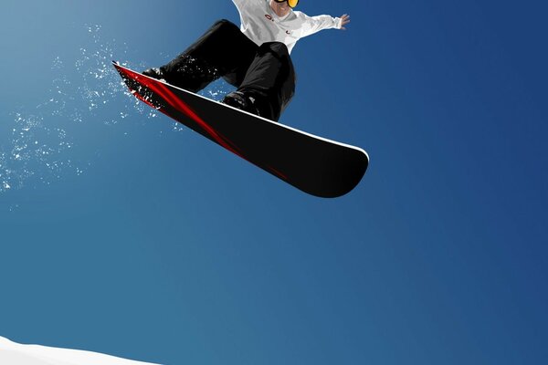 The flight of a man on a snowboard in winter