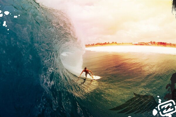 A young man is surfing. A big wave covers the extreme