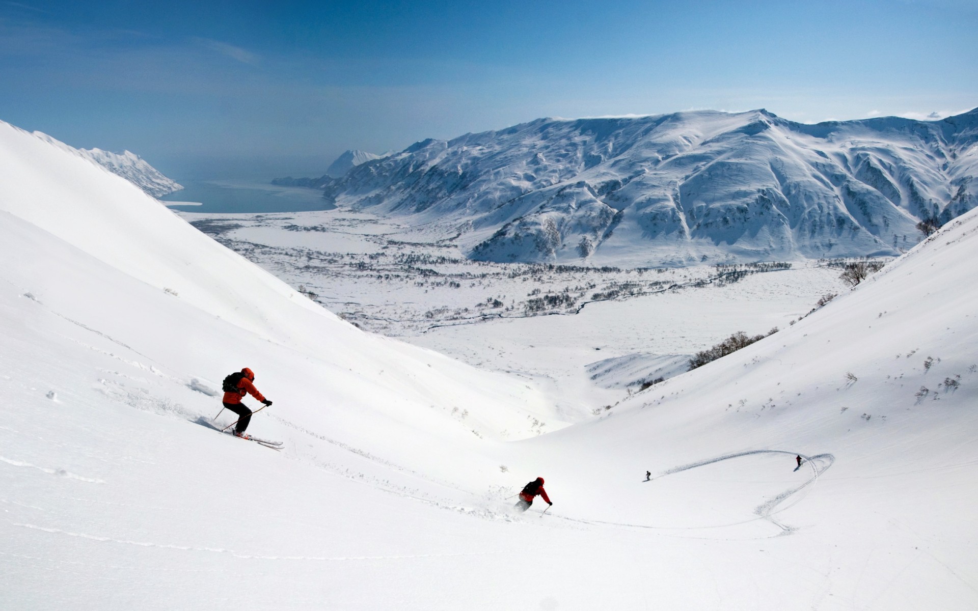 mountain valley snow descent skiing speed