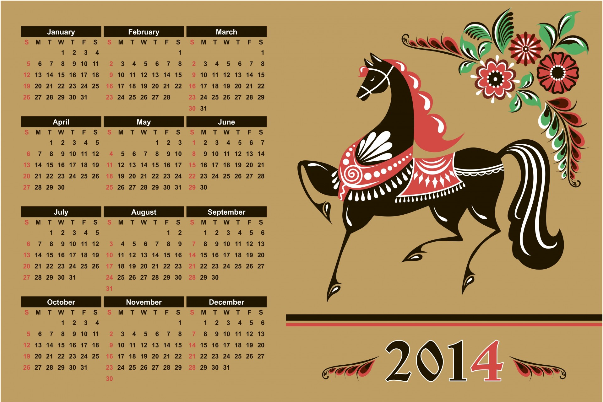 2014 calendrier année du cheval