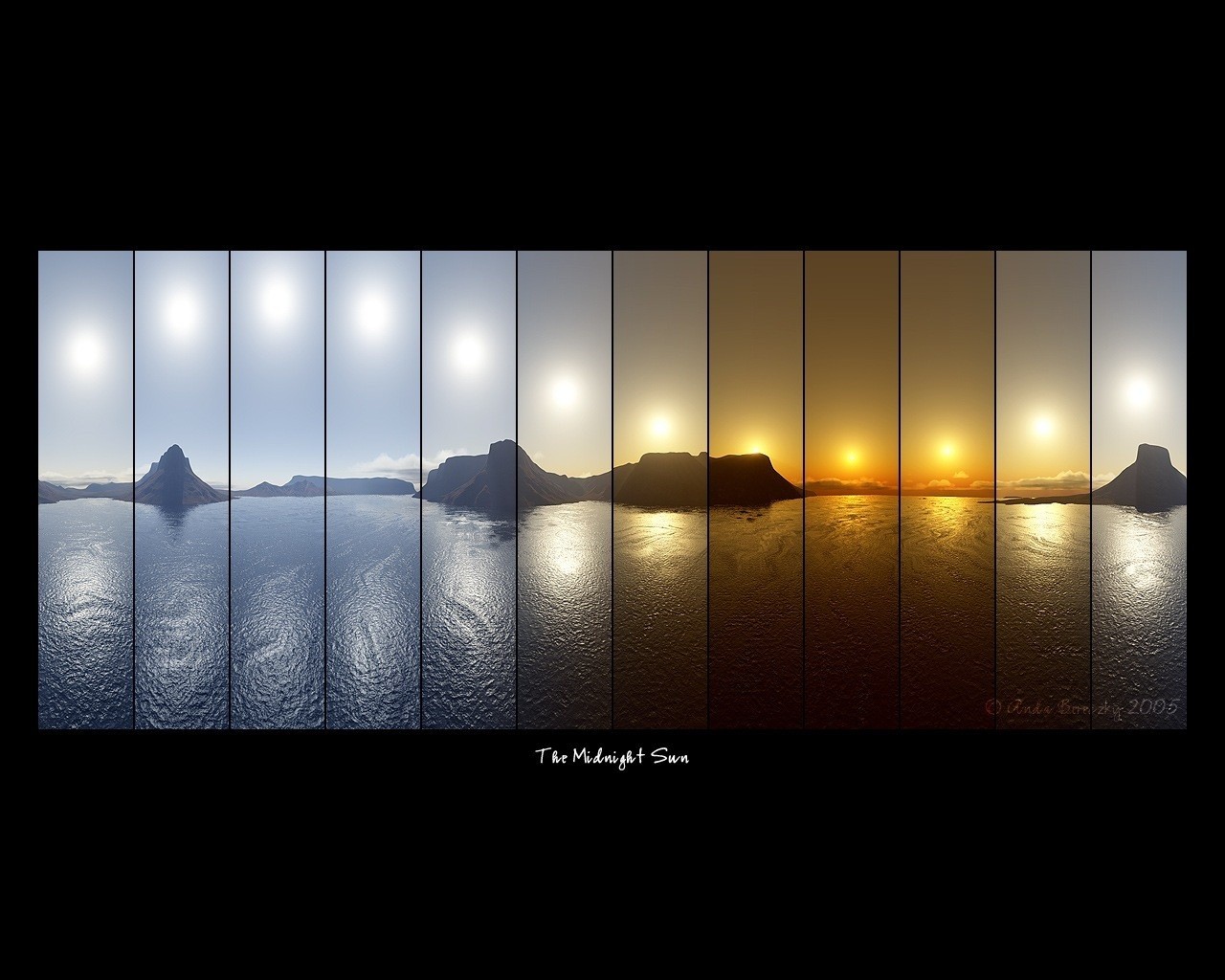 schriftzug fotografieren collage komponieren mitternachtssonne meer berge sonne